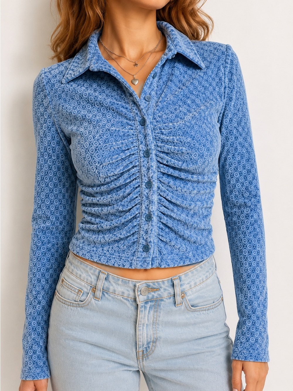 Ruched Blue Crop Top Long Sleeve Button Front Y2K Coquette Soft Stretch L